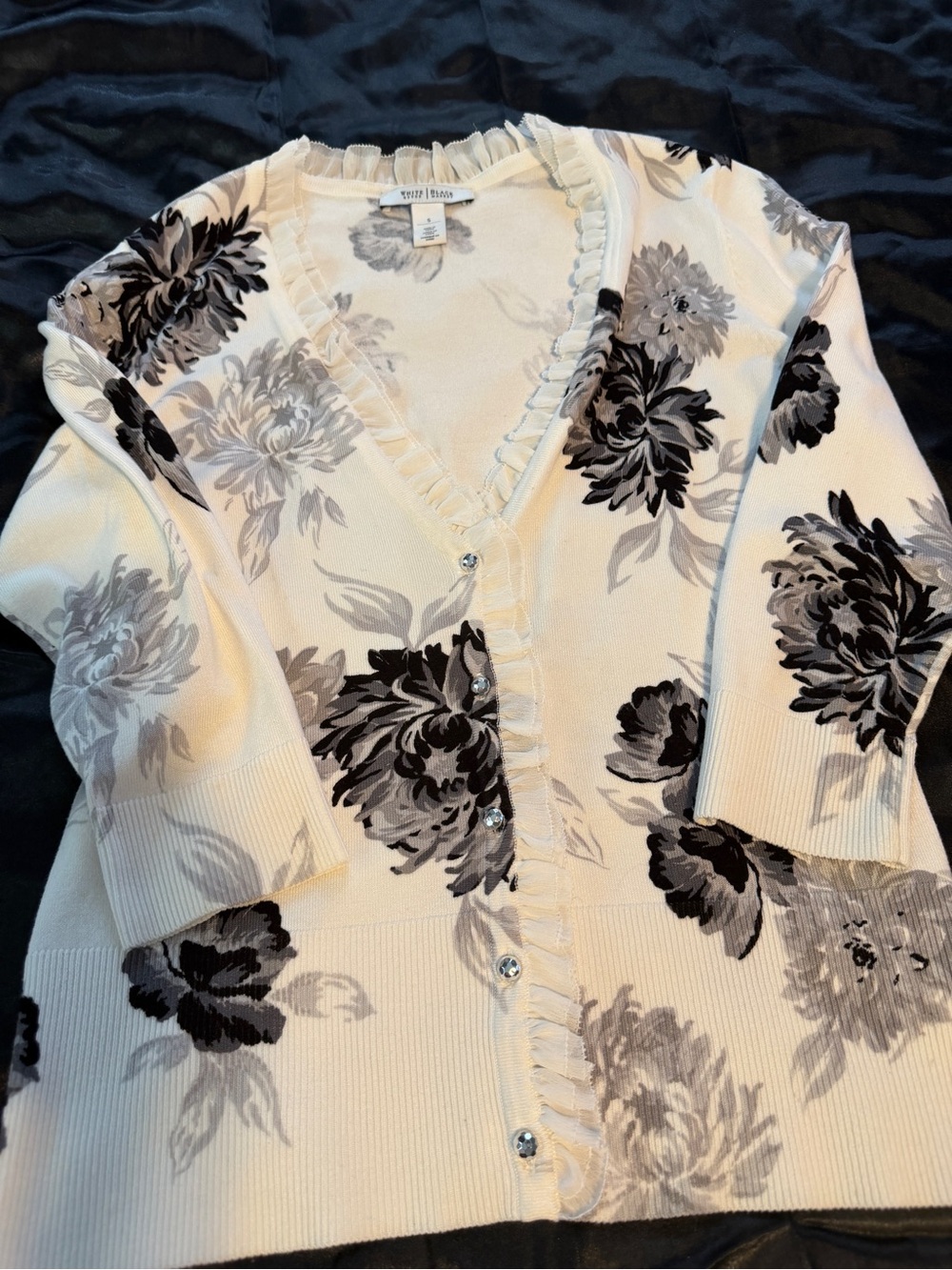 White House Black Market Cream Floral Ruffle-Trim Cardigan